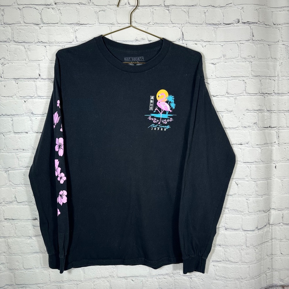 Riot Society Japan Flamingo Cherry Blossom Black Long Sleeve Shirt Mens Medium